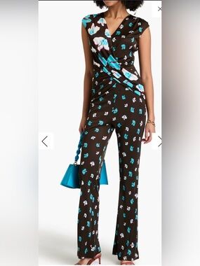 Diane Von Furstenberg Black Jumpsuit with Turquoise & White Floral Print